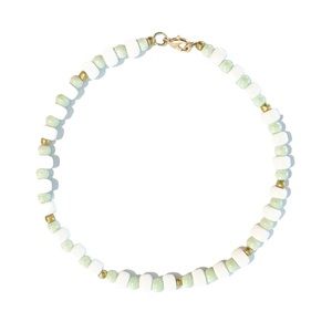 Handmade white + blue + gold beaded necklace choker w/ gold clasp
